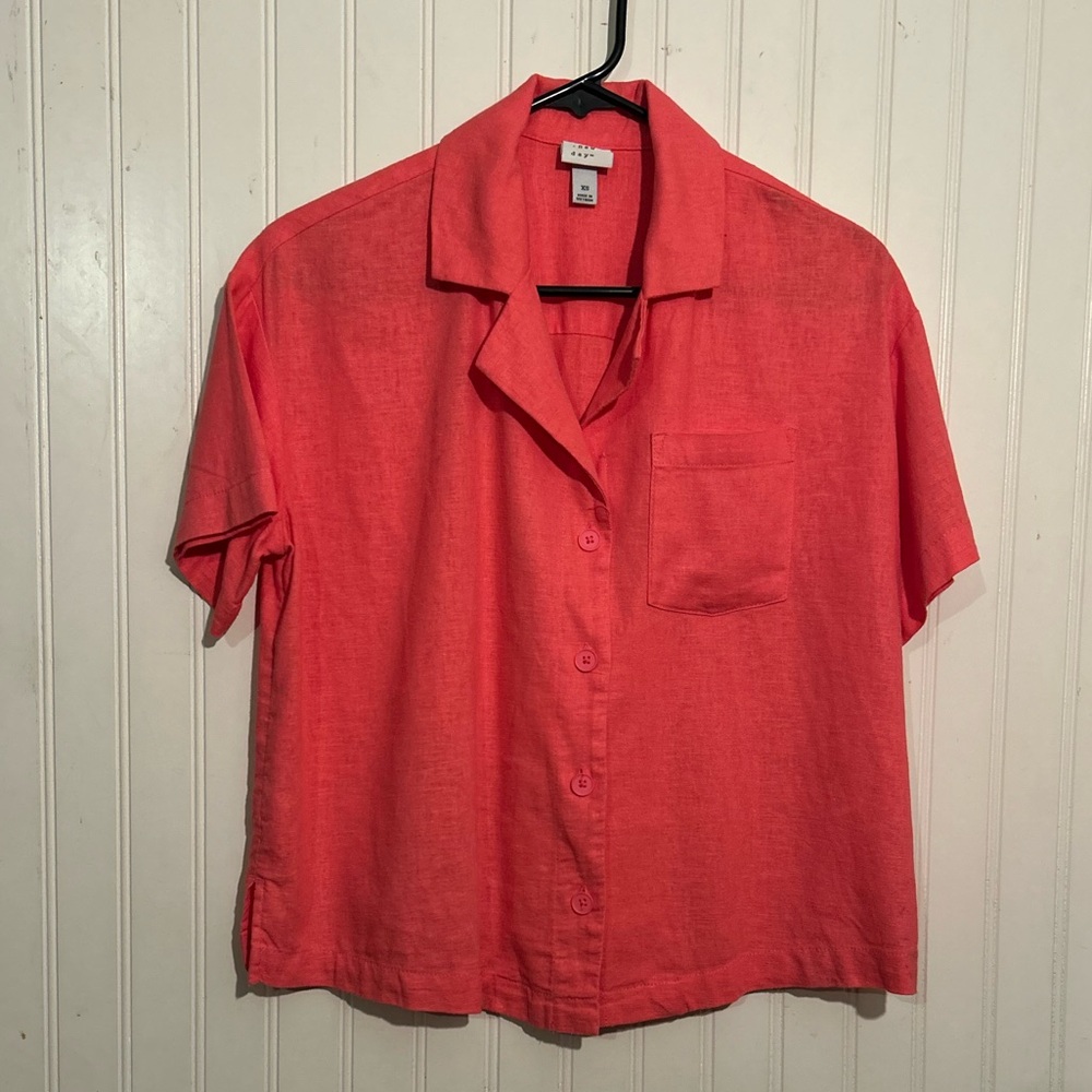 A New Day Women's Coral Button-Down Linen Rayon Shirt